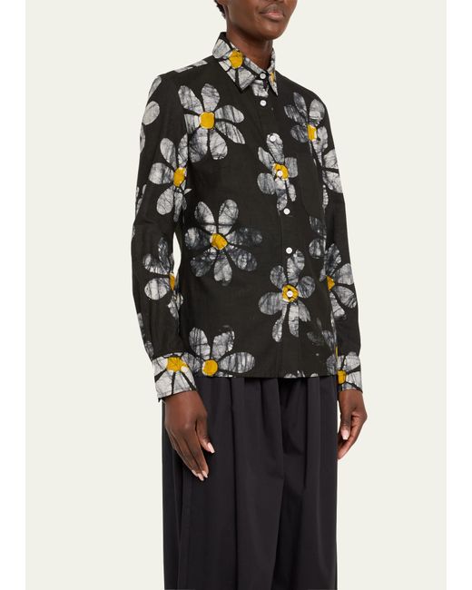 Studio 189 Black Jennifer Hand-batik Floral Cotton Button-front Shirt