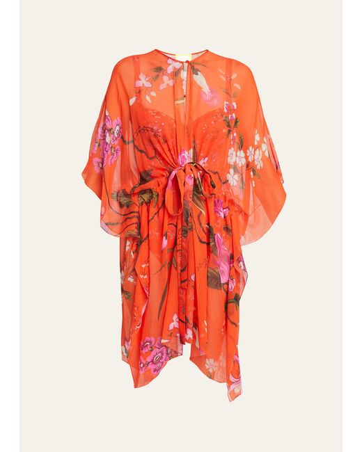 Erdem Orange Floral-print Tie-waist Silk Mini Kaftan Dress
