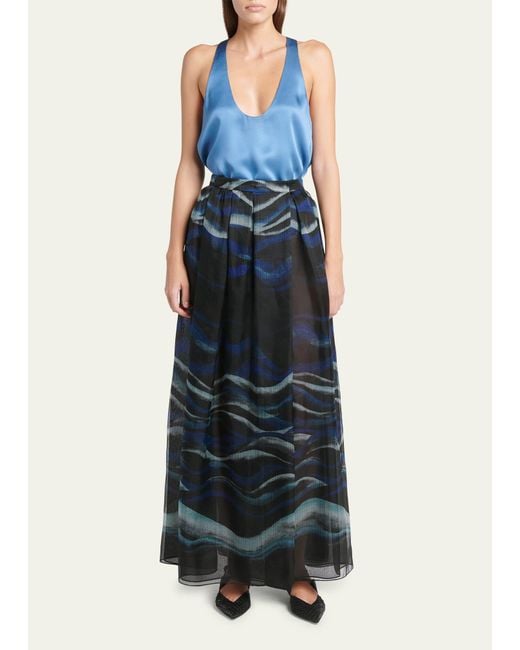 Giorgio Armani Blue Night Water Print Silk Maxi Skirt