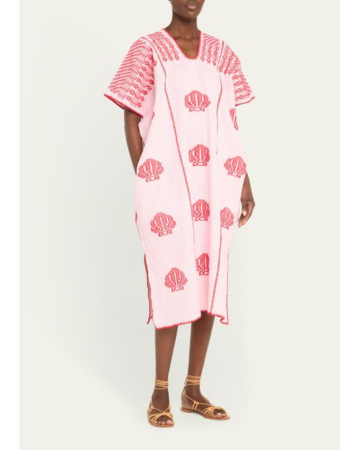 Pippa Holt Three-panel Midi Kaftan In White And Pink Stripe With Red Shells Design