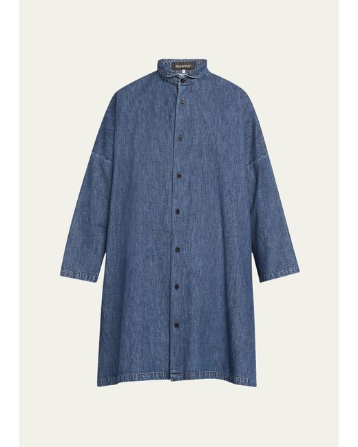 Eskandar Blue Denim Wide Longer-back Double Stand Collar Shirt (very Long Plus Length)