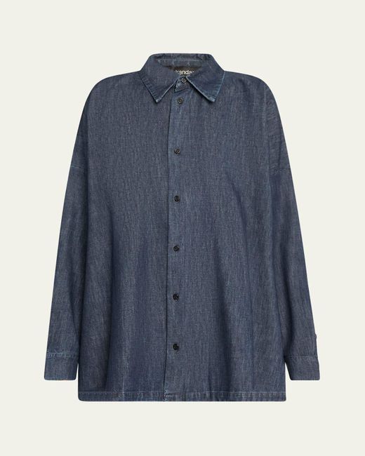 Eskandar Blue Angled-To-Front Side Seam Denim Shirt With Collar (Long Length)