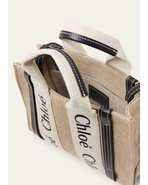 Chloé Natural Woody Mini Tote Bag In Linen With Crossbody Strap