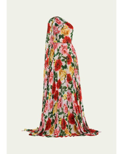 Naeem Khan White One-shoulder Floral Print Gown With Cape Detail