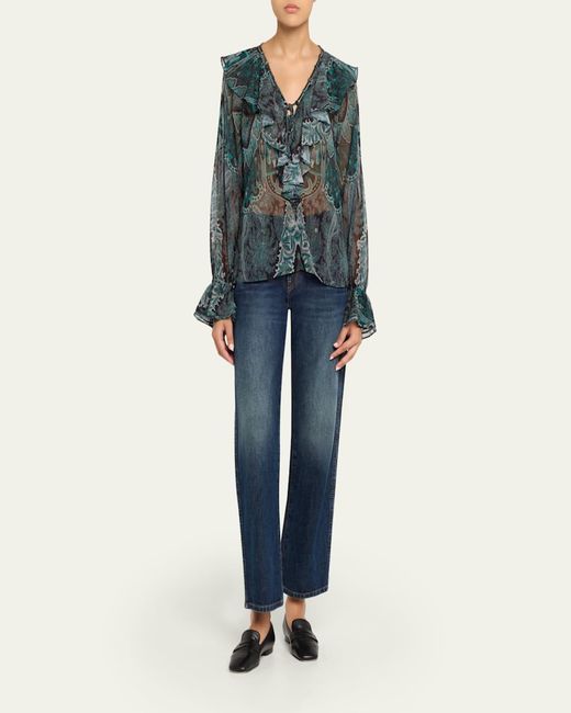 Kobi Halperin Blue Locke Ruffle Tie-Neck Blouse