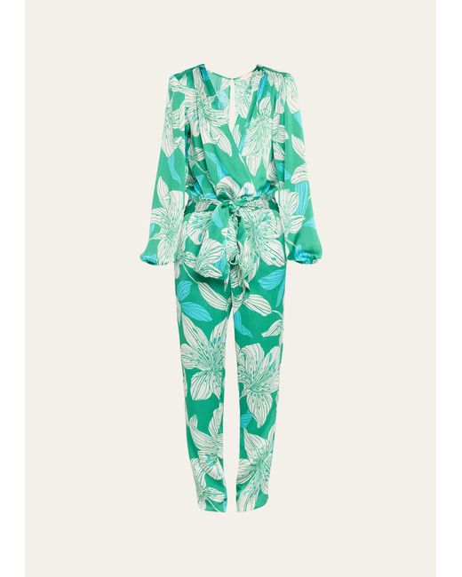 Ramy Brook Green Valery Lily-printed Satin Jumpsuit
