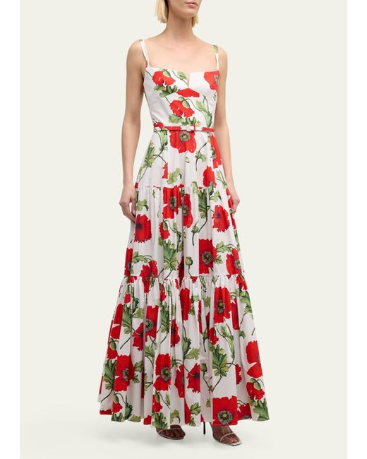 Oscar de la Renta White Poppies-print Sleeveless Belted Tiered Maxi Dress