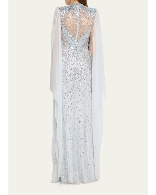 Jenny Packham White Rita Bead-embellished Gown With Cape-sleeves