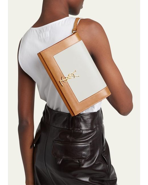 Saint Laurent Natural Ysl Flap Clutch Bag In Leather