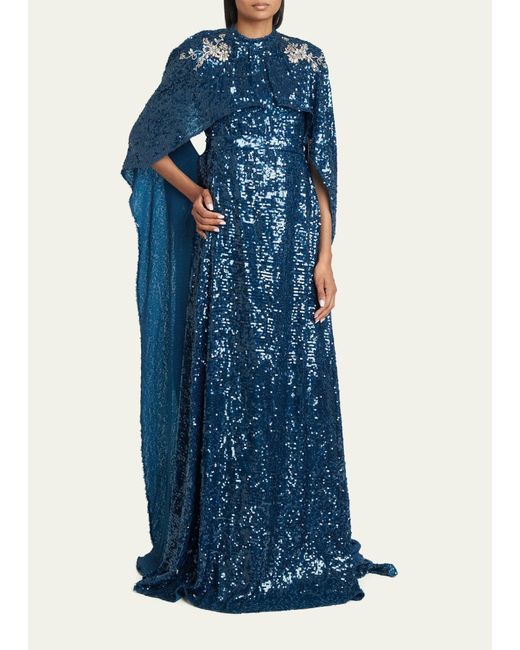 Erdem Blue Sequined Belted Cape-effect Gown