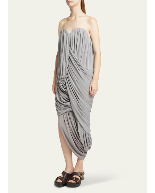 Loewe Gray Strapless Draped Bustier Asymmetric Midi Dress