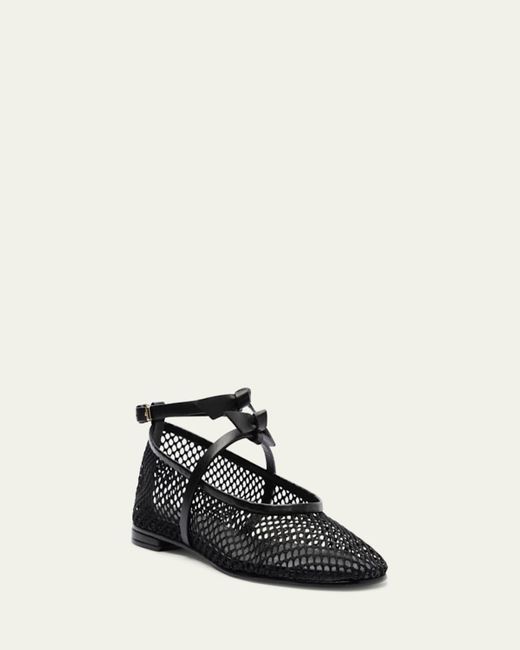 Alexandre Birman White Slim Clarita Bow-Strap Fishnet Ballerina Flats