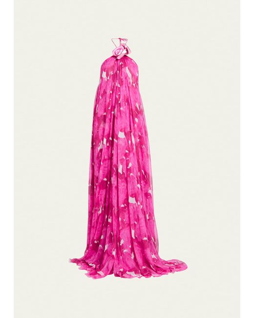 Valentino Garavani Pink Rose-print Halter Gown With Neck Flower