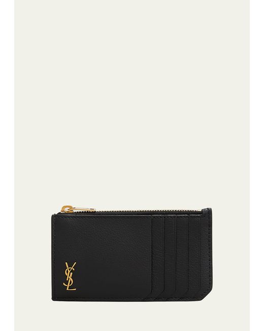 Saint Laurent Gray Ysl Tiny Monogram Ziptop Card Case In Smooth Leather