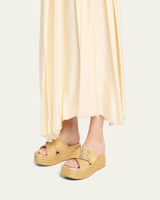 Roger Vivier Natural Strass-Buckle Raffia Platform Sandals