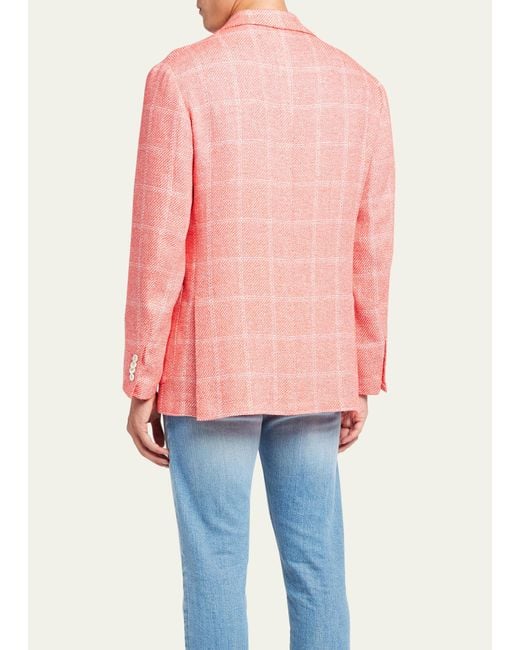 Kiton Pink Cashmere-linen Windowpane Sport Coat for men