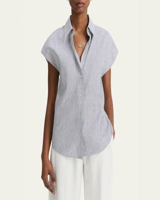 Vince Gray Ticking Stripe Cap-Sleeve Blouse
