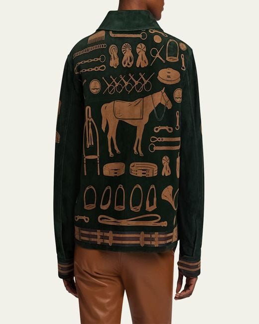 Ralph Lauren Green Jessa Equestrian-Printed Suede Coat