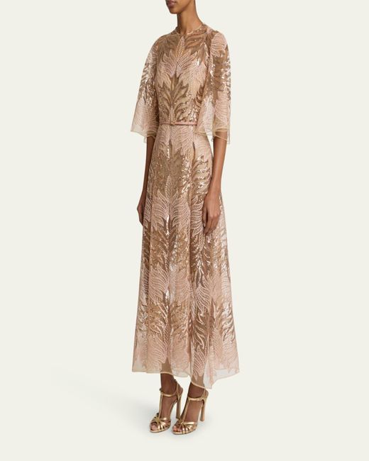Elie Saab Natural Sequin Embroidered Tulle Midi Dress