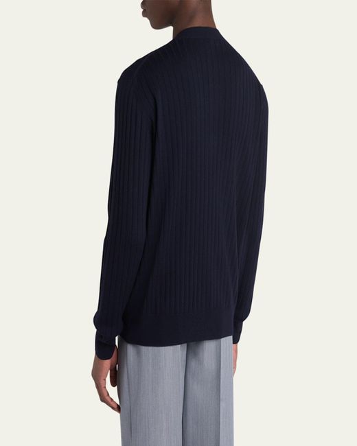 Bottega Veneta Blue Ribbed Wool Cardigan With Leather Buttons for men