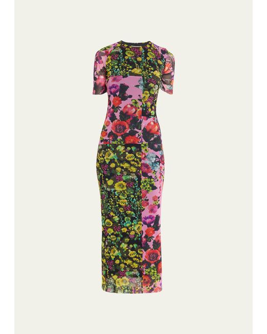 Fuzzi Black Short-sleeve Floral-print Tulle Midi Dress