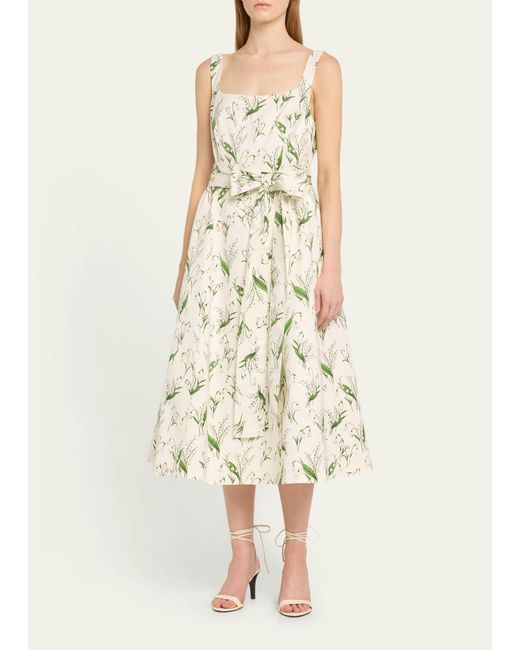 Carolina Herrera White Floral Print Midi Dress With Sash Belt
