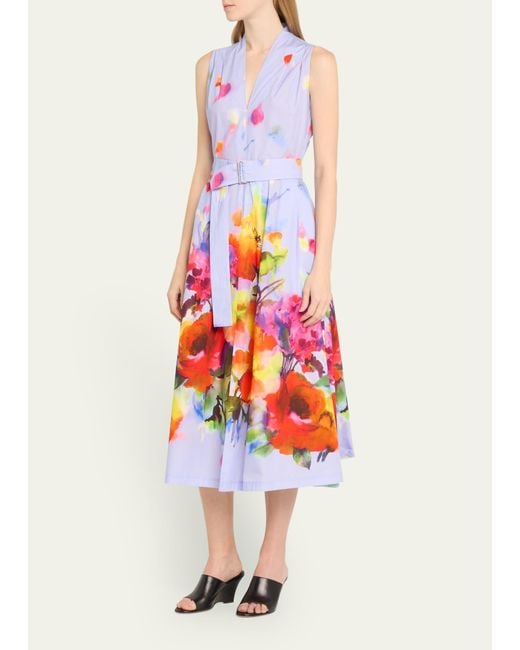 Lela Rose White Margot Belted Floral Print Midi Dress