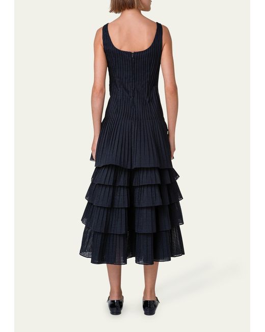 Akris Blue Organza Grid Midi Dress With Plisse Layer Skirt
