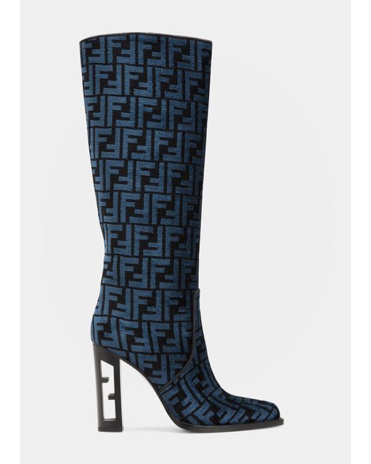 Fendi Vitello Jacquard Knee Boots in Blue | Lyst