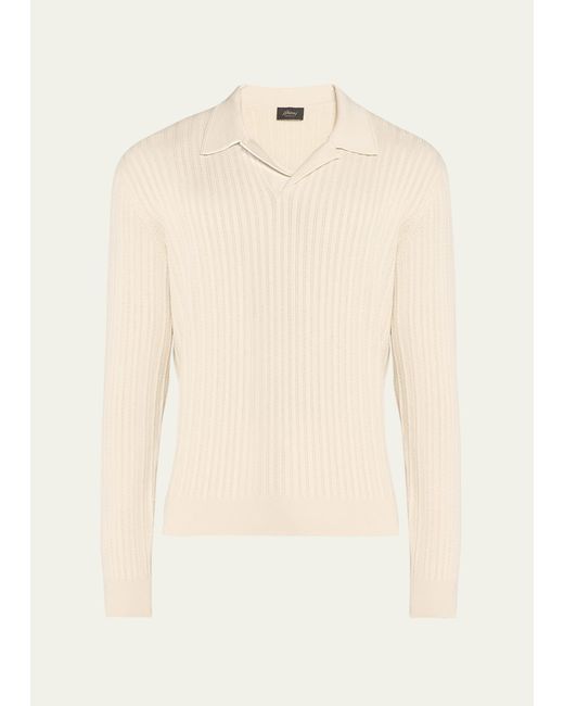 Brioni Natural Ribbed Herringbone Cotton Polo Sweater for men