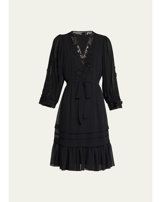 Kobi Halperin Black Linda Pleated Lace-trim Flounce Midi Dress