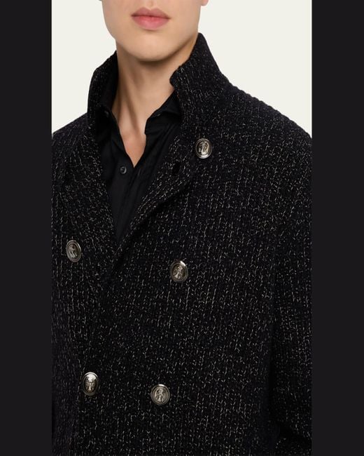 Brunello Cucinelli Black Wool, Silk, And Cashmere Double-Breasted Cardigan for men