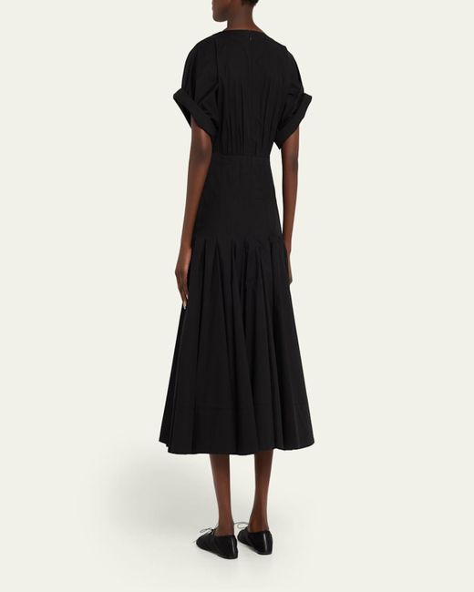 Proenza Schouler Black Ciara Short-Sleeve Poplin Drop-Waist Midi Dress