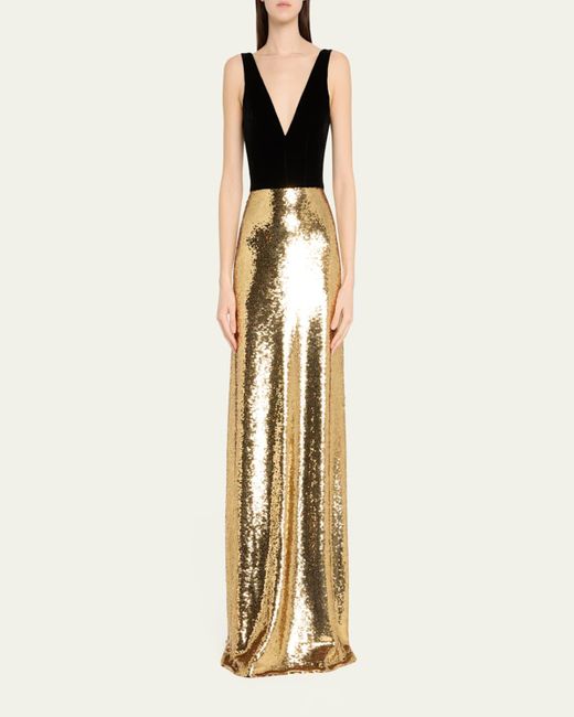Monique Lhuillier Metallic Velvet Bodice Gown And Train With Sequined Skirt