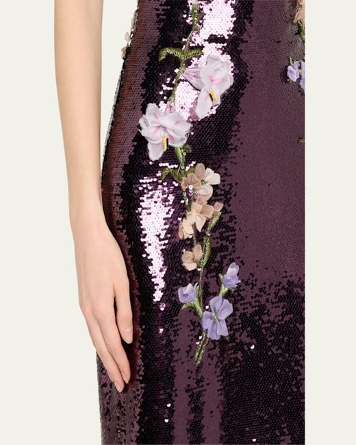 Monique Lhuillier White Strapless Floral-Embroidered Sequin Column Gown