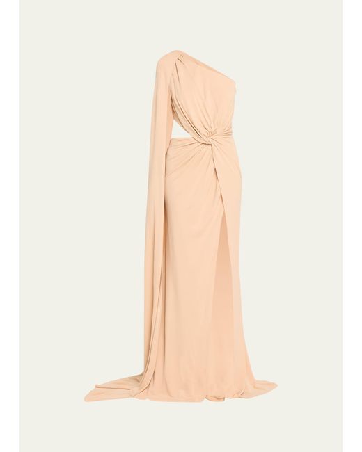 Elie Saab Natural One-shoulder Twist Front Cutout Jersey Dress