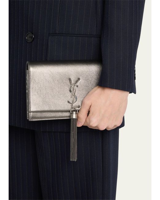 Saint Laurent Gray Kate Mini Tassel Ysl Wallet On Chain In Smooth Leather
