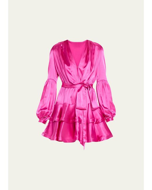 Bronx and Banco Pink Bedouin Deep V-neck Ruffle Tiered Mini Dress