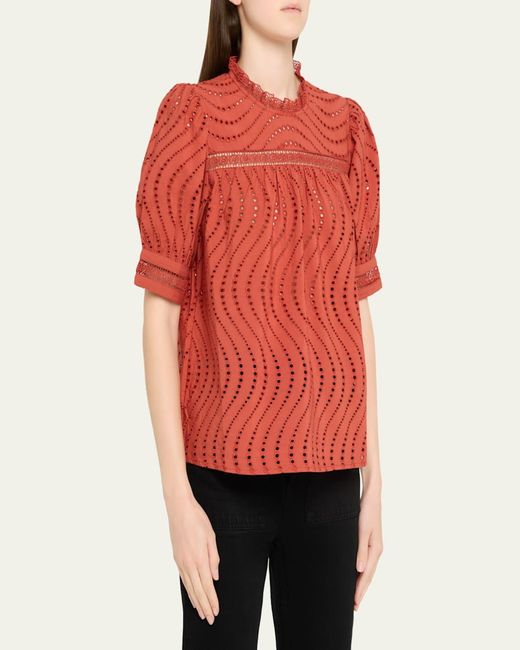 Ulla Johnson Red Virginia Lace Eyelet Short-Sleeve Blouse