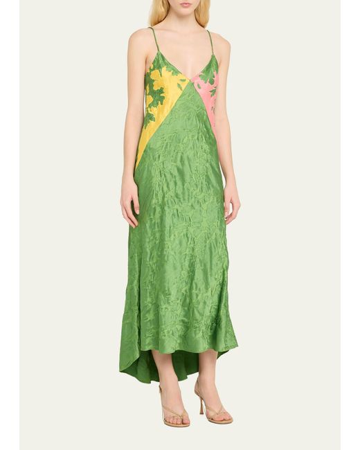 Rosie Assoulin Green Patchwork Satin Jacquard Midi Slip Dress
