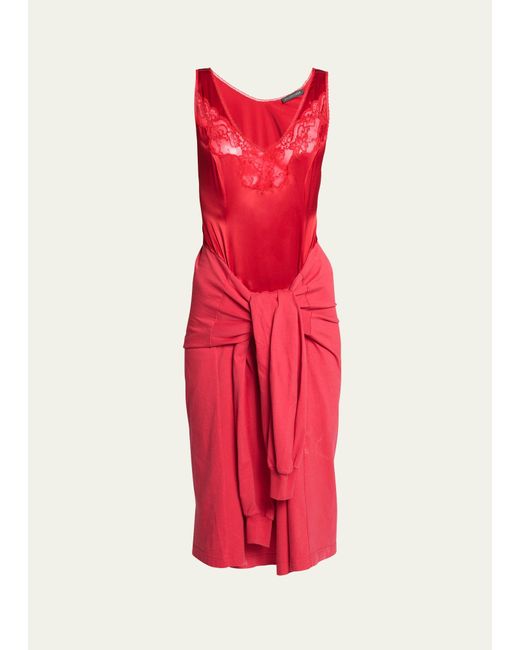 Balenciaga Red Hybrid Lace Tie-waist Slip Midi Dress