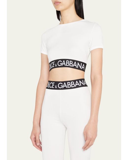 Dolce & Gabbana Natural Short-sleeve Branded Elastic Cotton Crop Top