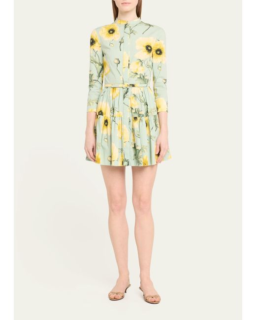 Oscar de la Renta Yellow Poppies Button-front Dress With Self Belt