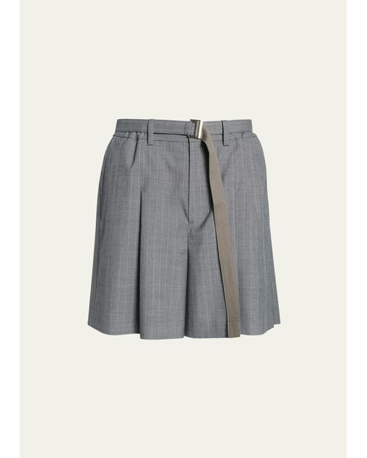 Sacai Gray Pinstripe Pleated-back Belted Shorts for men