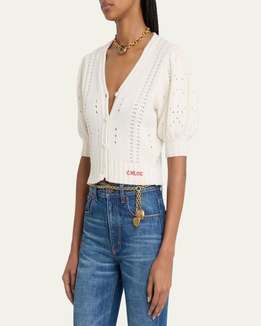 Chloé Natural Wool & Cashmere Cropped Puff-Sleeve Cardigan