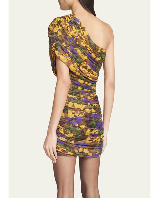 Saint Laurent Multicolor One-shoulder Ruched Floral-print Mini Dress