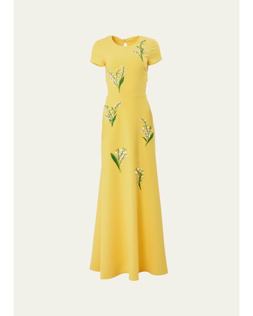 Carolina Herrera Yellow Floral Embroidered Gown With Back Bows