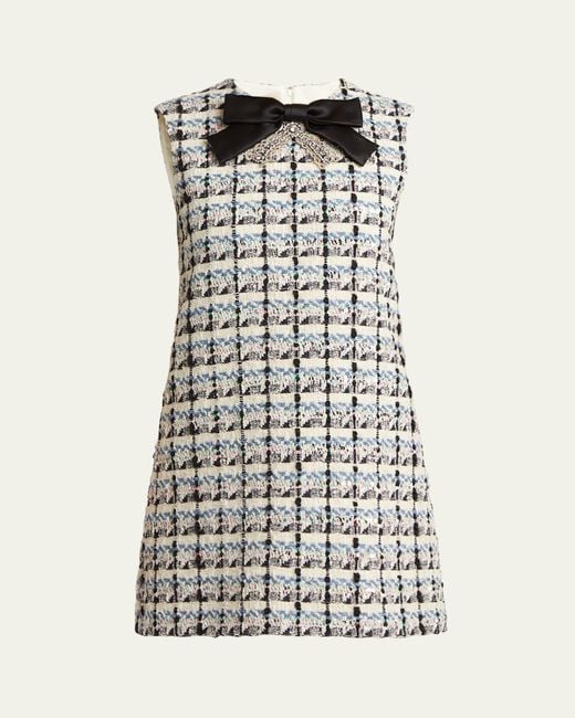 Valentino Garavani White Bow-Embellished Sequin Tweed Mini Dress