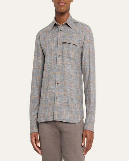 Kiton Gray Windowpane Snap-Front Overshirt for men