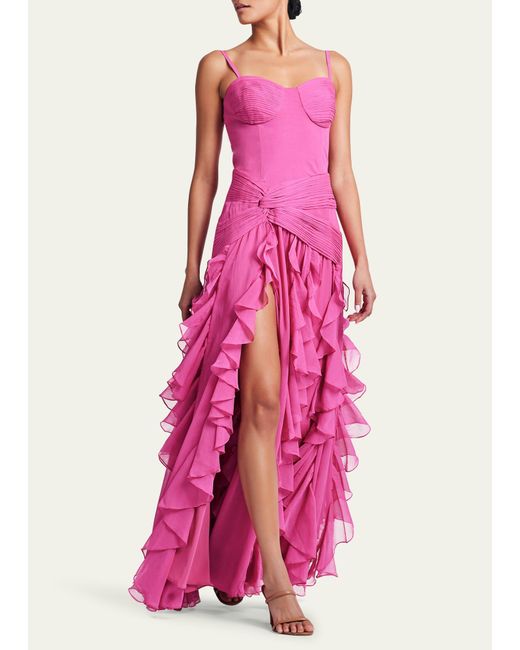 PATBO Pink Bustier Ruffle Chiffon Maxi Dress